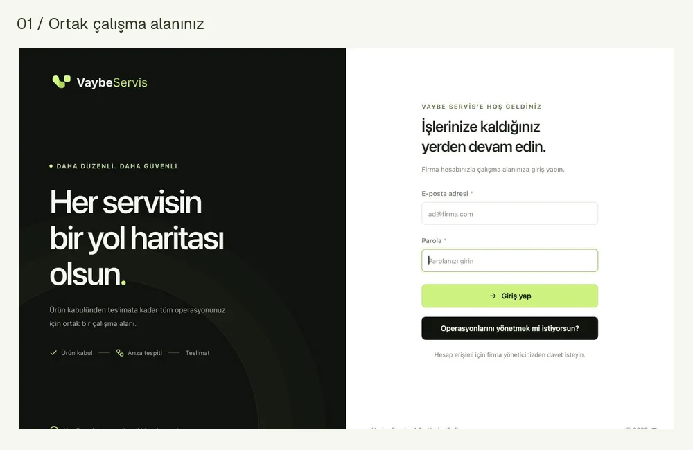 Vaybe Servis uygulamasının giriş ve raporlama ekranları